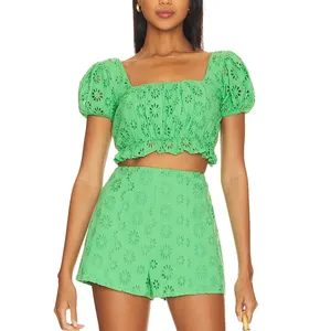 Summer Fashion Women Short Puff Sleeves Sexy Fitted Crop Top With Short Pants Solid Color Cotton Eyelet Two Piece Set