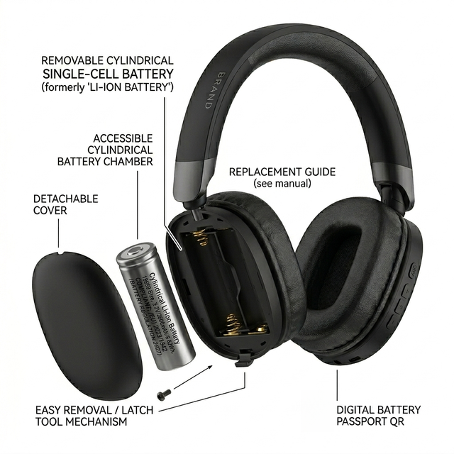 Sustainable Detachable Battery Headphones Wireless  5.4 ANC EU 2027 Compliance Active Noise Cancelling Over Ear Mic
