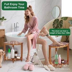 Cheng Zhi Mei Bamboo Wood Bathroom Stool Fan Shaped <b>Corner</b> Shelf Double Layer Storage <b>Rack</b> For Bathtub <b>Shower</b> Use - Product Image 1