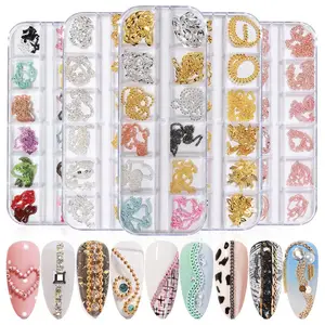 12 rejillas de Metal 3D para decoración de uñas, cadena con 12 tiras de purpurina para diseño de uñas artísticas, tachuelas Punk de Metal