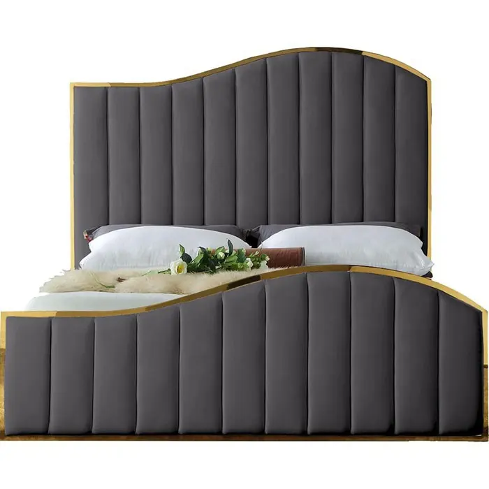 उच्च गुणवत्ता बिस्तर कमरे में फर्नीचर आधुनिक लक्जरी स्टेनलेस स्टील फ्रेम धातु मखमल पैनल बेड