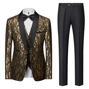 Completo da Uomo Tre Pezzi Slim Fit alla <span class=keywords><strong>Moda</strong></span> in Nylon/Cotone Goffrato <span class=keywords><strong>Oro</strong></span> Monopetto per Banchetti - Product Image 1