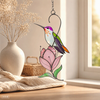 Attrape-soleil artisanal en vitrail motif colibri, design Art Déco, décoration à suspendre pour fenêtre, cadeau d'anniversaire pour les amoureux des oiseaux