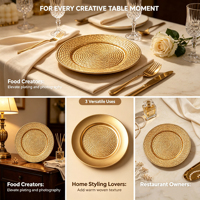 Assiette de présentation en PP doré sur mesure, revêtement poudré, tressée en rotin, décorative en plastique gaufré pour la décoration de table de mariage et de fêtes