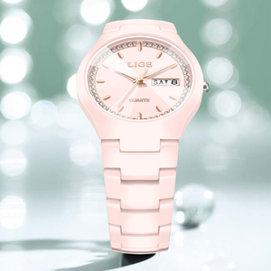 LIGE LG89267 reloj de cerámica rosa para mujer reloj de pulsera cristal analógico cuarzo impermeable elegante vestido reloj regalo para mujer - Product Image 4