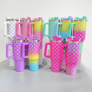 Yipai mới đến bán buôn 40oz Holographic Nàng Tiên Cá in quy mô đôi tường thép không gỉ cốc với xử lý và rơm - Product Image 2