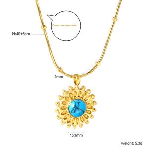 Collier pendentif rétro turquoise en acier inoxydable plaqué or 18 carats, avec pierre naturelle et perle, motif soleil, pour femme - Product Image 2