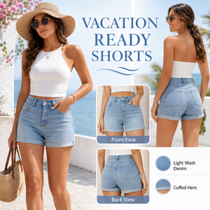 Shorts in denim da donna a vita alta, cinque tasche, chiusura con cerniera, stile sportivo, vestibilità skinny, in poliestere, motivo a quadri azzurro, tessuto a maglia - Product Image 3