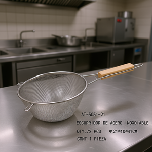 Stainless Steel Strainer For Food Draining 21x10x41 Cm <b>Commercial</b> <b>Kitchen</b> <b>Equipment</b> With Wooden Handle Model At-5051-21 Zaa Bran - Product Image 2