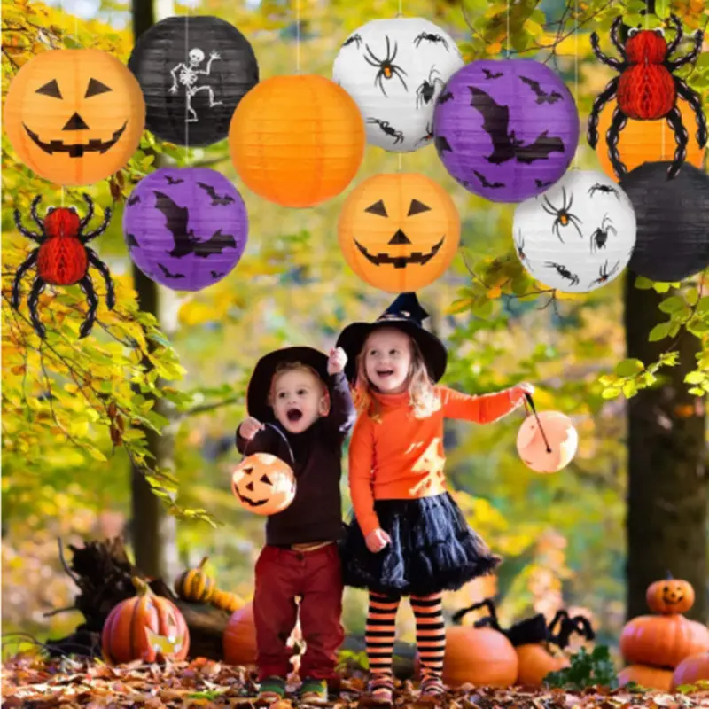 DAMAI Halloween-Themenparty Papierblumenventilator-Set für Kinderparty-Dekoration hängende Kürbis-Spinne Fledermaus Papier laterne Partyzubehör