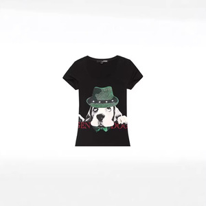 Women's Black Rhinestone Dog Print T-Shirt Casual Short Sleeve Cotton <b>Knitted</b> Top Daily Wear - Product Image 1