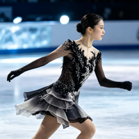 Costume de patinage artistique à manches longues, dégradé noir et blanc, dentelle florale 3D, strass, jupe à volants, robe de danse sur glace, sur mesure OEM ODM