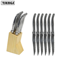 Couteaux Laguiole dentelés en acier inoxydable Ensemble de 6 couteaux à steak avec bloc de couteaux en bois de qualité supérieure