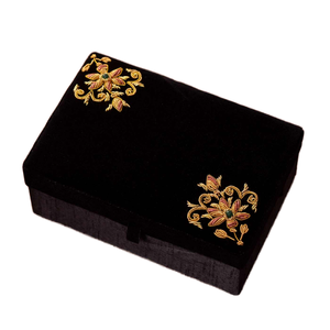 Boîte à bijoux en velours noir avec broderie dorée, boîte de rangement pour bijoux luxueuse brodée de fleurs pour femmes - Product Image 2