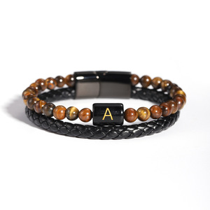 <b>Beaded</b> Bracelet Natural <b>Stone</b> Black Agate Tiger's Eye Volcanic Rock Letter A Unisex Gift Jewelry 7.5in 8.5in 9in - Product Image 4