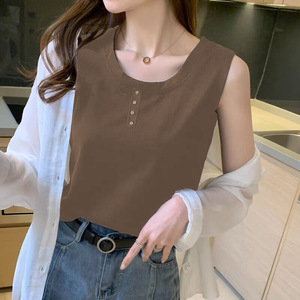 White Sleeveless Camisole Top With Buttons Women's Solid Color Polyester Base Layer Summer Vest Slim Fit T Shirt - Product Image 2