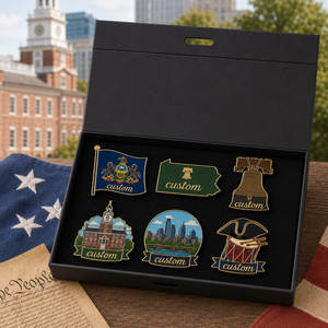Set de Regalo de Pin de Solapa Personalizado al por Mayor de Filadelfia con Campana de la Libertad, Souvenir Turístico, Insignia Revolucionaria, en Caja de Regalo - Product Image 1