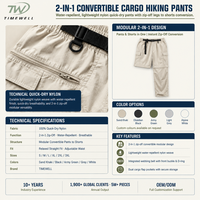 Pantalon de randonnée convertible en nylon léger avec logo personnalisé, jambes amovibles à fermeture éclair, imperméable et respirant, pour la randonnée en montagne