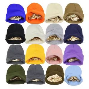 Bonnet en acrylique épais à revers uni, avec logo personnalisé, doublure en satin de soie, bonnet tricoté torsadé, bonnet uni - Product Image 3