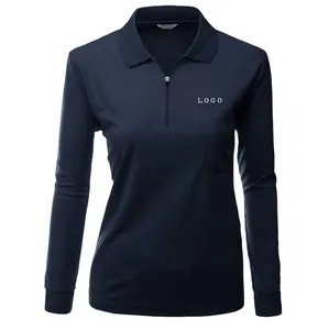 Özelleştirilmiş pamuk polo logosu tasarım bayan uzun kollu Golf Polo gömlek fermuar tasarımı ile bayanlar için
