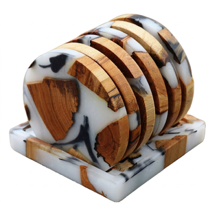 Wooden Coaster Set Round 6mm Thick Non Slip Modern Design Mats & <b>Pads</b> 4 pcs Handcrafted Marble Pattern - Product Image 1