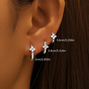 CANNER Simple S925 Argent Sterling Triple Zircon Fleur de Cristal Pétale Multi-tailles 6mm/8mm/10mm/Ensemble de Boucles d'Oreilles à Percer - Product Image 4