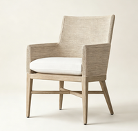 Fauteuil de salle à manger en chêne clair délavé avec cadre enveloppé et coussin rembourré en mélange de lin, chaise d'appoint moderne pour salle à manger de style côtier