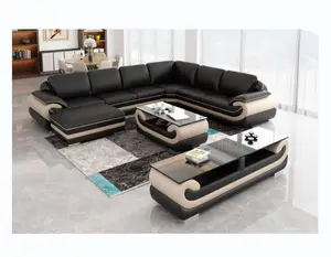 Elegant design wooden living room genuine leather sofa set 5 seater with tea table and TV stand