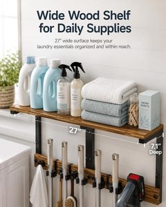 Soporte de Pared para Escobas y Fregonas, Estante de Madera de 27 Pulgadas |   Ganchos Metálicos Móviles de Diseño Rectangular de un Solo Nivel con 5 Pinzas Resistentes para - Product Image 4