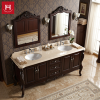 Meuble-lavabo double vasque en bois massif de style américain traditionnel Happy Houses, avec armoire sculptée et comptoir en marbre, idéal pour villas et hôtels