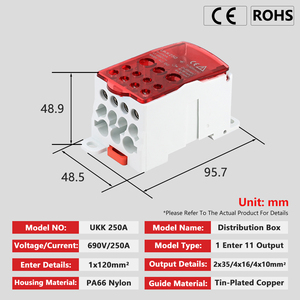 Bloc de distribution sur rail DIN UKK250, <span class=keywords><strong>bornier</strong></span> de distribution électrique avec une entrée et plusieurs sorties, boîte de jonction pour connecteurs de fils électriques - Product Image 2