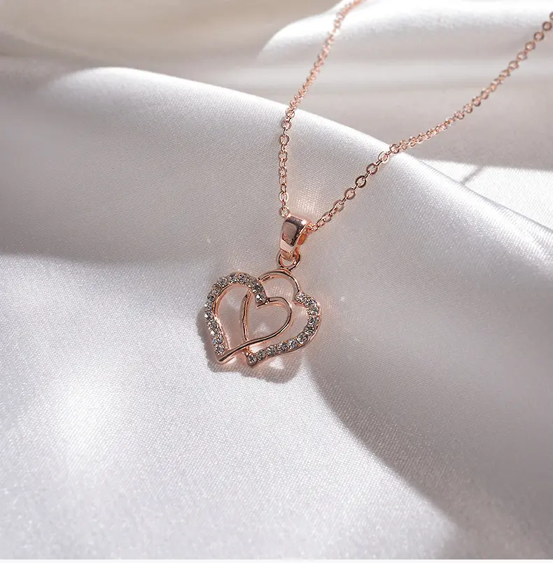 Romantici Love titanio acciaio accessori pendenti Custom belle gioielli collane Cristal oro lucido doppio cuore collana
