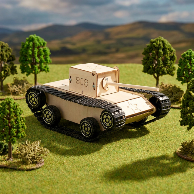 Wireless RC Wooden Tank DIY Kit Realistic Tracked Crawler STEM Model Sturdy Motorized Physics Discovery Resource Unit Case Pack