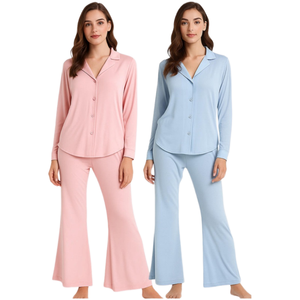 Full Length Long Sleeve Plain Dyed Women's Sleepwear Custom Loungewear Long Sleeve Flare <b>Pants</b> Pajama Set Classic Soft Pyjamas - Product Image 1