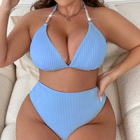 Bikini Viral Femme en Polyester Noir Blanc Bleu Taille Haute Halter Rembourré Grandes Tailles XL 4XL pour les Best-sellers des Réseaux Sociaux