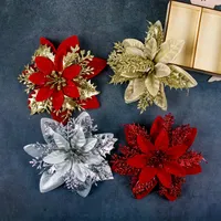 5 pièces de fleurs artificielles de poinsettia scintillantes rouges, dorées et argentées en plastique, décorations pour arbre de Noël, décoration intérieure pour fête