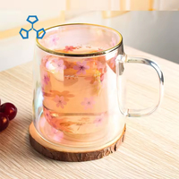 Magnifiques tasses en verre à double paroi isolées en borosilicate avec poignée, motif fleur de cerisier, 290 ml, étanches, personnalisables en usine