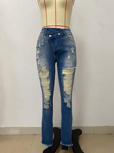 Pantalones <span class=keywords><strong>vaqueros</strong></span> elásticos de pierna recta a la moda para <span class=keywords><strong>mujer</strong></span>, <span class=keywords><strong>Vaqueros</strong></span> rasgados con flecos rasgados para primavera - Product Image 4