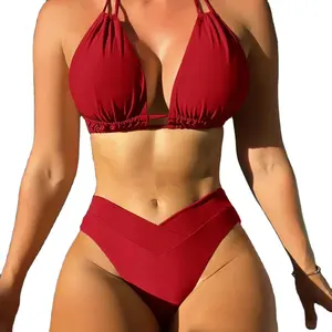 2024 Nieuwe Sexy Bikini Mode Dames Split Badpak Nylon Effen Kleur Europese En Amerikaanse Badpak Groothandel