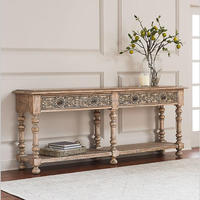 Table console en bois rustique de style farmhouse, chêne vieilli, avec tiroirs et étagère, pour entrée, salon ou couloir