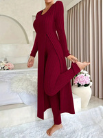 Conjunto de Dos Piezas de Punto Acanalado para Mujer, Top Túnica de Manga Larga con Cuello Redondo y Abertura Lateral, Pantalones Anchos, Atuendo Informal para Descansar