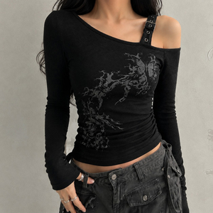 Retro Print Asymmetric <b>Off</b> <b>Shoulder</b> <b>Knit</b> <b>Top</b>, Long Sleeve Women's T Shirt, Y2K Vintage Casual Streetwear Fashion Style - Product Image 2