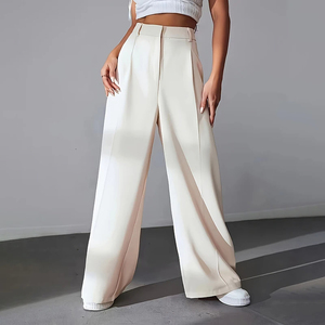 กางเกงเอวสูงหน้าแบนระบายอากาศได้ดีเป็นมิตรต่อสิ่งแวดล้อมกางเกงทรงตรงเอวสูงผ้าโพลีเอสเตอร์/ ผ้าฝ้ายระบายอากาศได้ดีเป็นมิตรต่อสิ่งแวดล้อม - Product Image 4