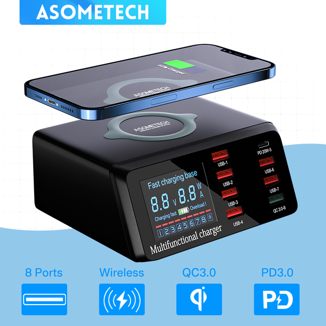 100W Multi USB Charger Hub PD Quick Charge 3.0 Qi Wireless Charger 8USB Ports Fast Charging Station for iPhone and Andriod