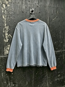 T-shirt à manches longues surdimensionné pour homme, gris, avec bordure contrastante orange, tricoté, décontracté, col rond, couleur unie - Product Image 2