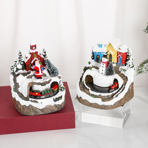 Figurine de Noël en résine avec musique et rotation, village de Père Noël et bonhomme de neige lumineux avec train miniature, décoration de table festive - Product Image 4