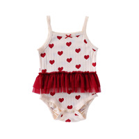 Barboteuse tutu sans manches pour bébé fille, combinaison côtelée avec imprimé cœur et nœud, jupe en tulle, tenue d'été pour nourrisson