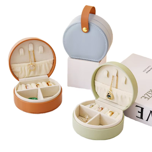 Round Leather Jewelry <b>Box</b> Organizer with Lids Solid Color Portable Storage Case for Necklaces Rings <b>Earrings</b> - Product Image 2
