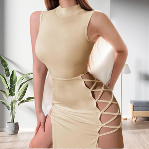 Vestido de malla sexy con cuello alto, sin mangas, con cordones laterales y abertura para mujer - Product Image 2