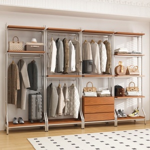 Armoire ouverte nordique en acier inoxydable, penderie sur pied en métal pour loft, rangement de vêtements, armoire en bois massif - Product Image 2